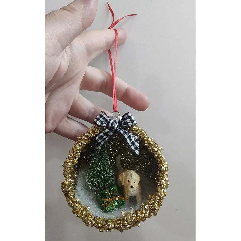 Dog Christmas Ornament Handmade Vtg Style OOAK Shatterproof Puppy Diorama O9